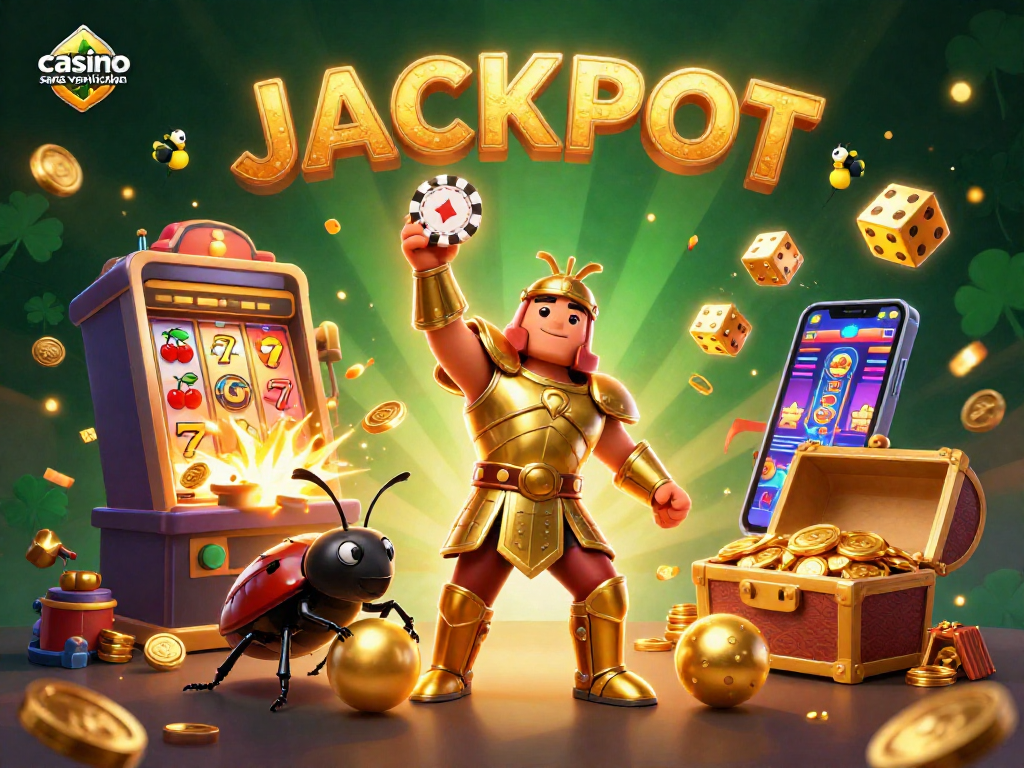 Casino sans vérification avec des personnages colorés célébrant un jackpot, entourés de jeux et d'effets lumineux.