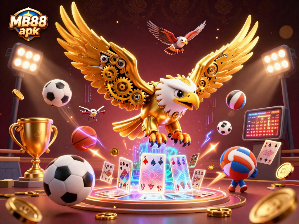 Experience thrilling gameplay with the MB88 apk, as a cybernetic eagle navigates holographic cards and sports elements.
