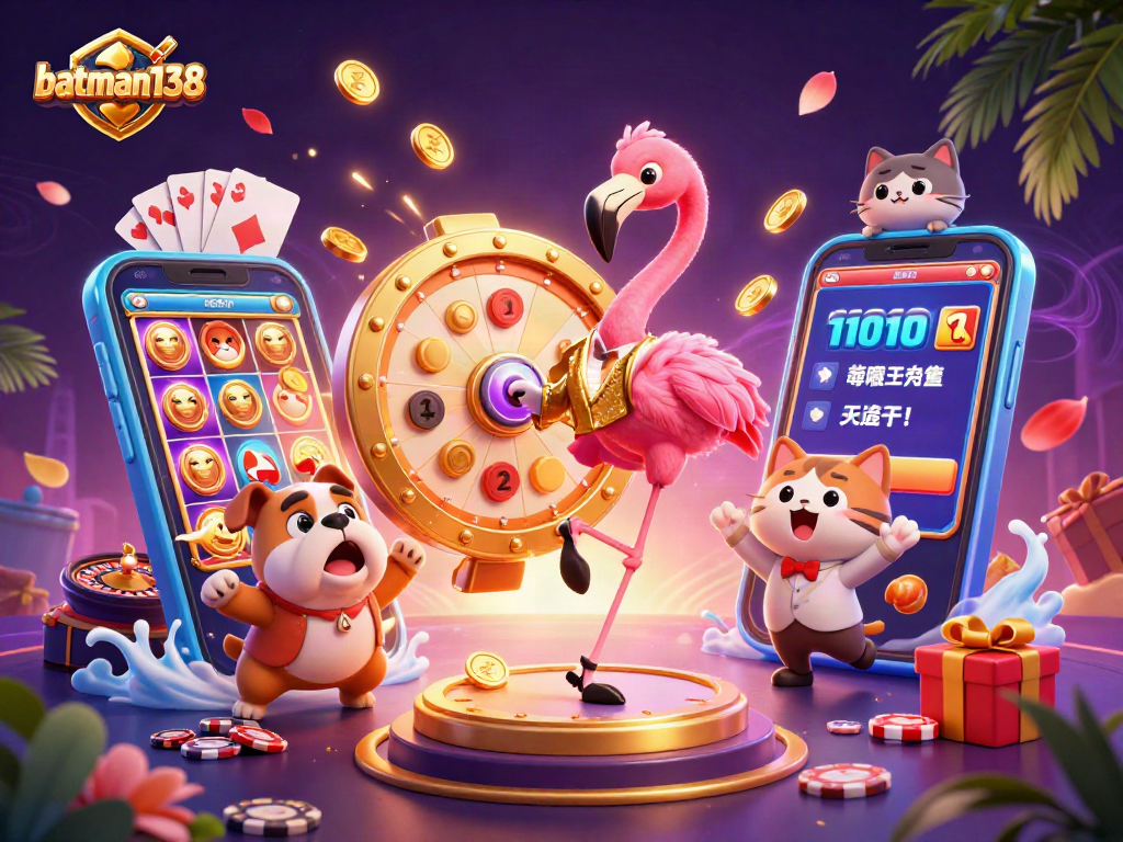 Experience excitement with batman138's prize wheel, showcasing thrilling games and vibrant casino elements.