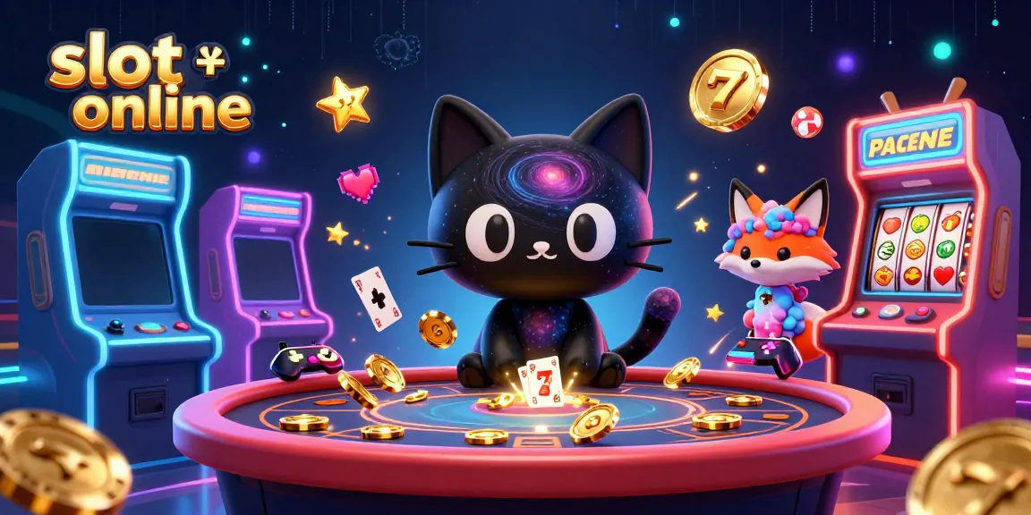 Experience exciting slot online gaming with a cosmic cat and colorful elements in this vibrant illustration.