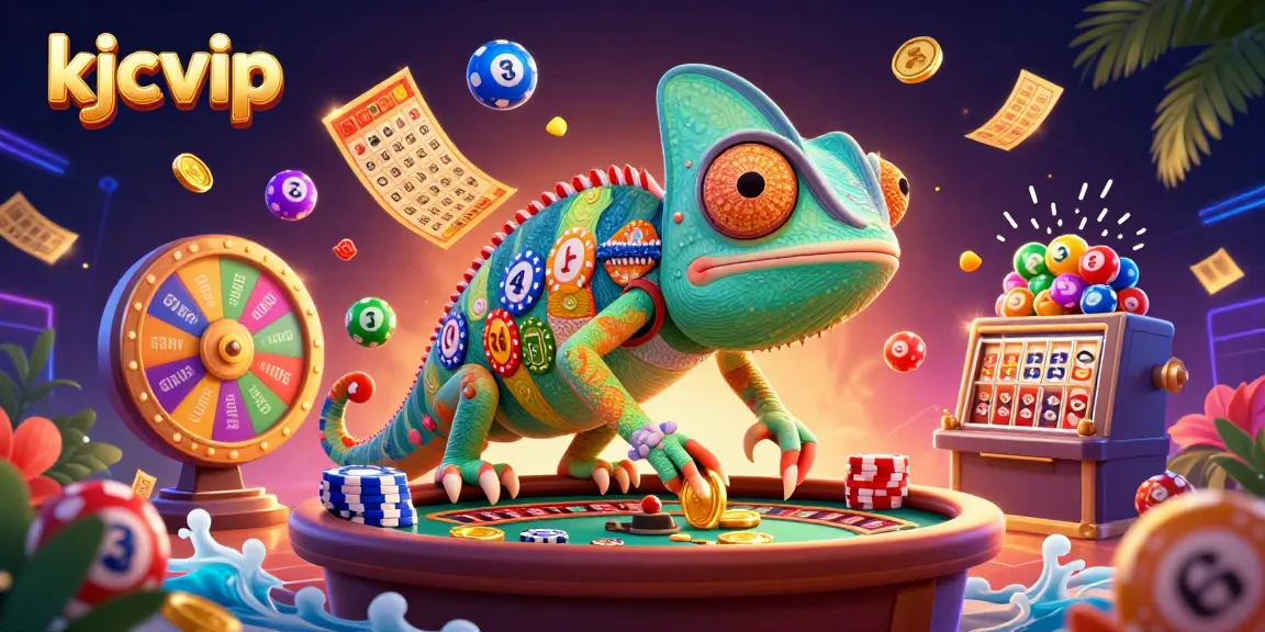 Engage with kjcvip's vibrant casino world featuring a colorful chameleon and dynamic lottery elements.