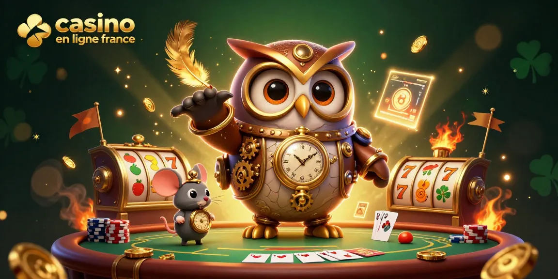Illustration de casino en ligne France avec un hibou voyageur et des éléments de jeu dynamiques.
