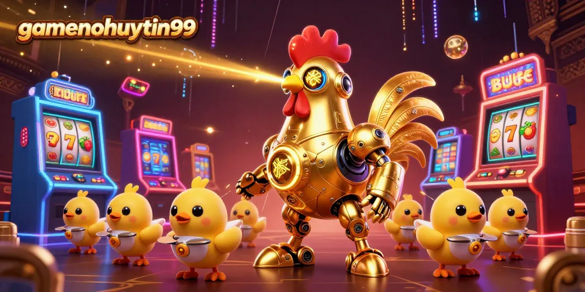 Play slots at gamenohuuytin99 with a golden rooster robot and colorful game machines