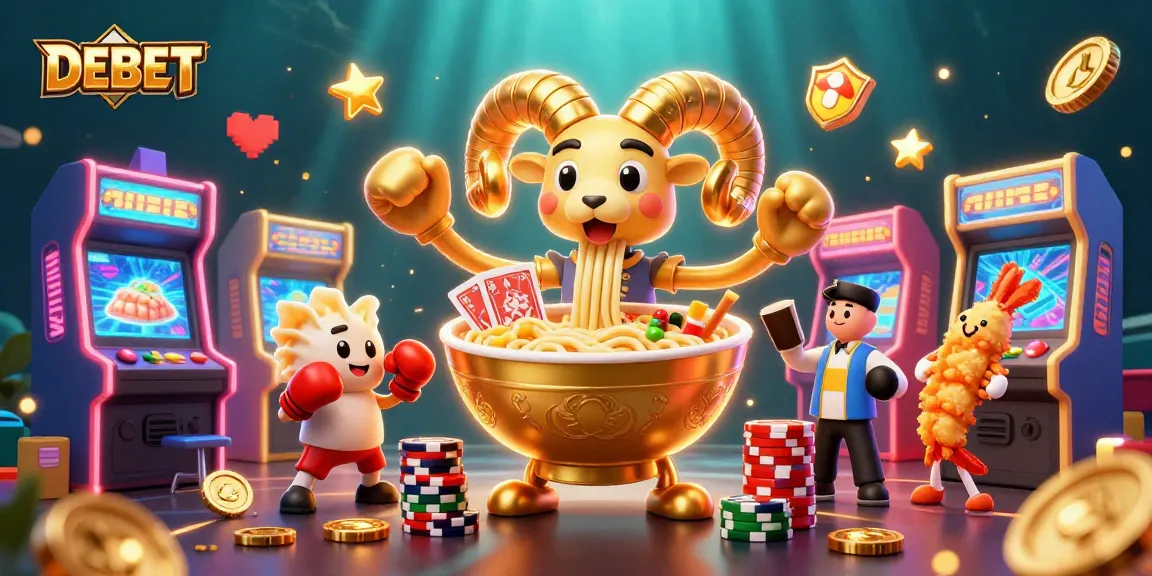 Experience the vibrant world of DEBET with a golden ramen bowl dealer amidst casino-themed gaming elements.