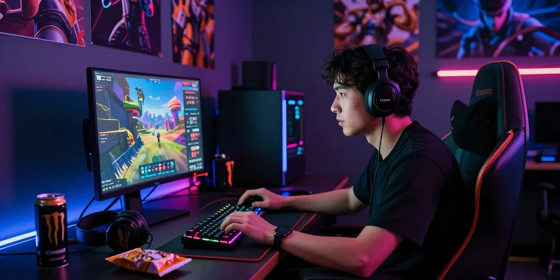 Gamer asyik bermain delapan toto di ruang terang dengan poster dan minuman energi.