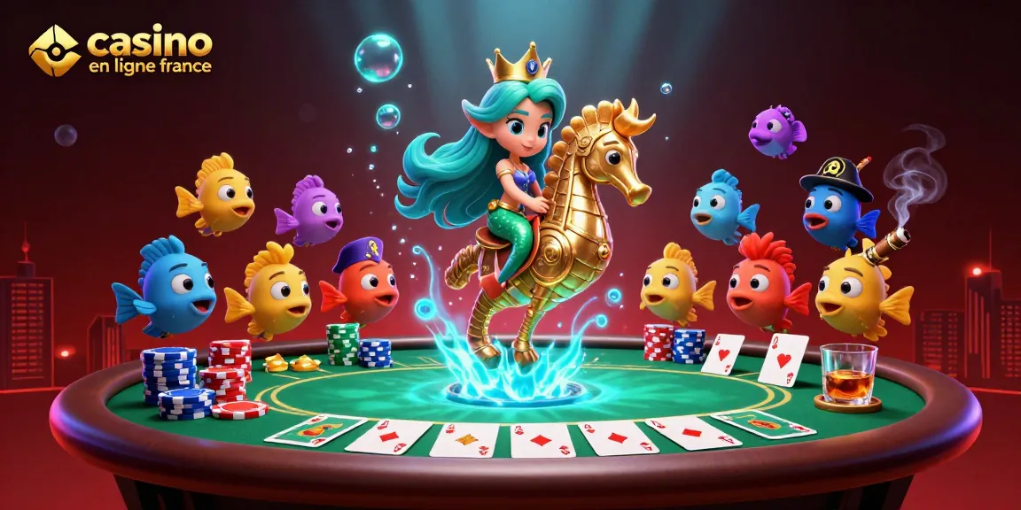 Princesse sirène et hippocampe au poker dans un casino en ligne France animé, ambiance colorée.