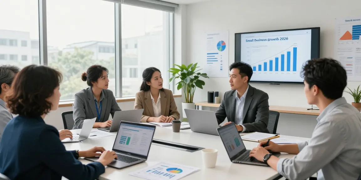 Statistics discussion among business professionals showcasing small business statistics and market trends for 2026 in a bright workspace.