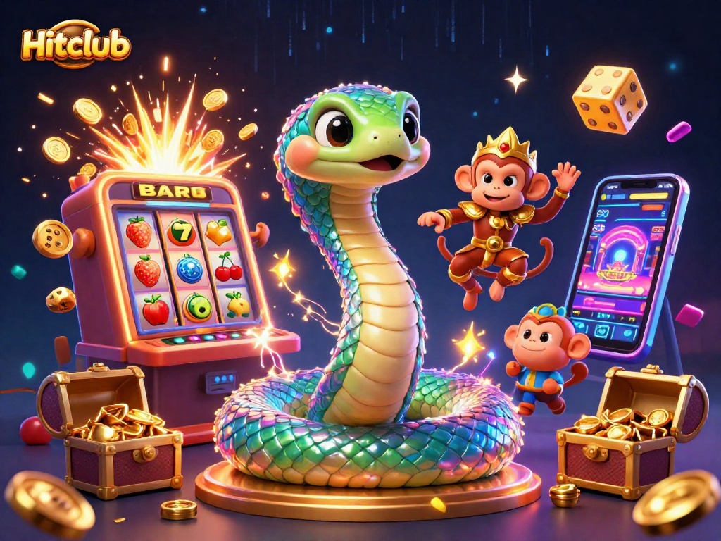 Hitclub brings excitement with a vibrant 3D illustration featuring a jackpot explosion and lively characters.