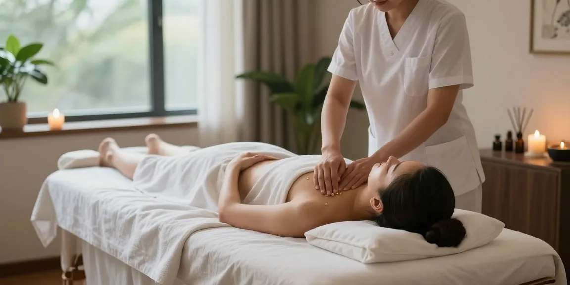 마사지 치료 중인 고객과 치료사, 편안한 분위기의 마사지실