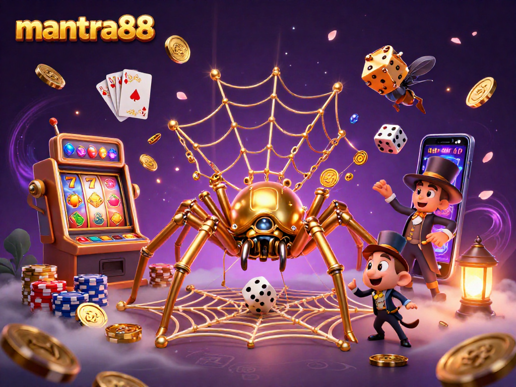 Experience the thrill of wins at mantra88 with golden spiders and vibrant slot reels in a magical casino setting.