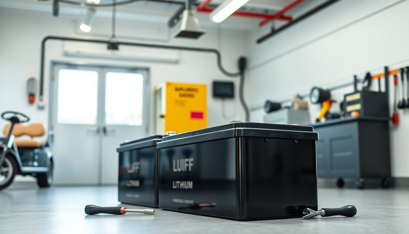 Showcase of lithium golf cart batteries in a modern garage environment with tools.