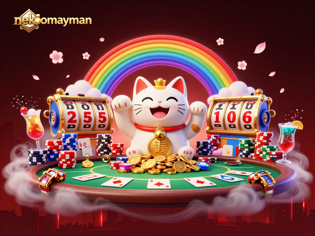 Spin the reels with Neko May Man, the lucky cat surrounded by vibrant casino elements.