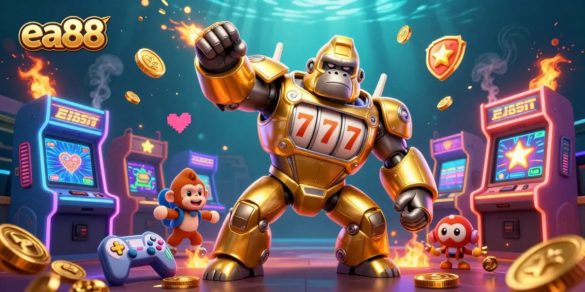 Experience thrilling action at ea88 with a colorful 3D casino illustration featuring a golden gorilla mech amidst gaming machines.