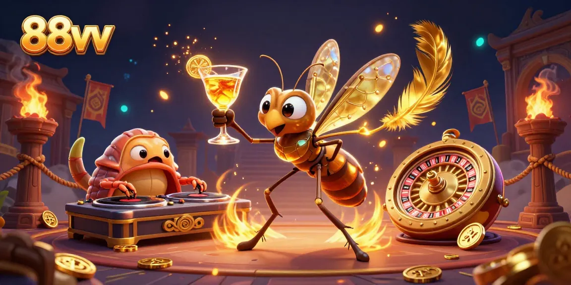 Experience thrilling moments at 88vv casino with vibrant characters and golden elements in a dynamic 3D scene.