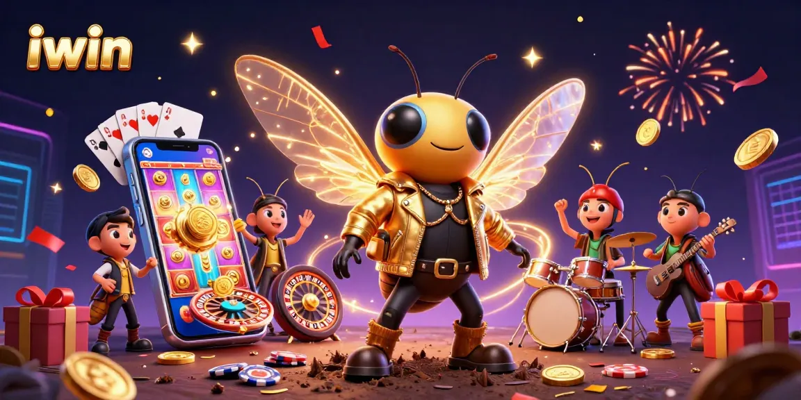 Play iwin with exciting slots and games illustrated in vibrant casino scene.