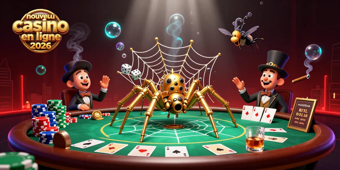 Visualisez un nouveau casino en ligne 2026 captivant avec une araignée steampunk et des éléments de poker dynamiques.