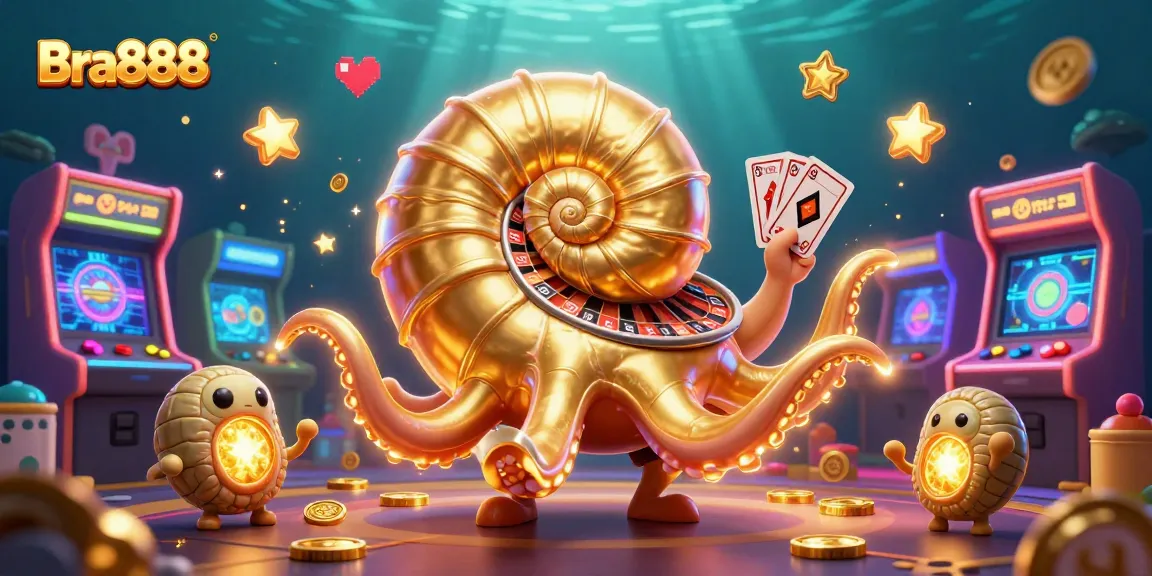 Experience Bra888 with a lively casino scene featuring a nautilus playing cards and glowing game elements.
