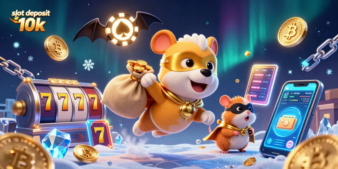 Engaging scene showcasing slot deposit 10k action with a superhero dog and sidekick, dynamic casino elements, and neon cryptocurrency features.