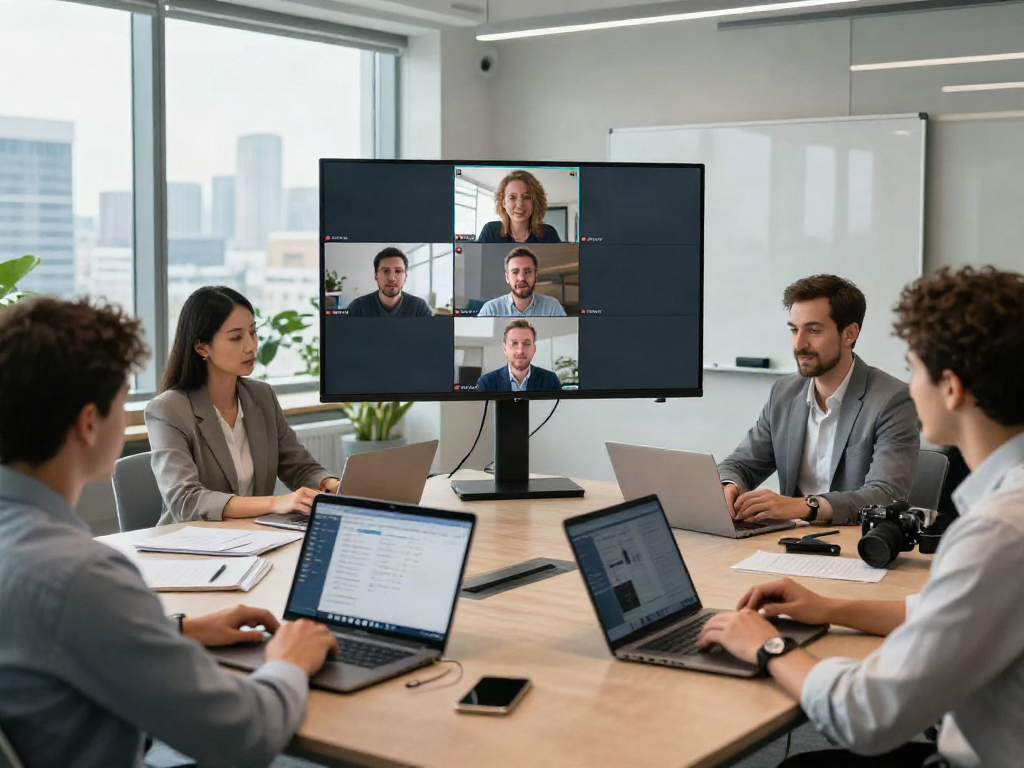Deepfake protected Conferencing team meeting showcasing security measures in a professional setting.