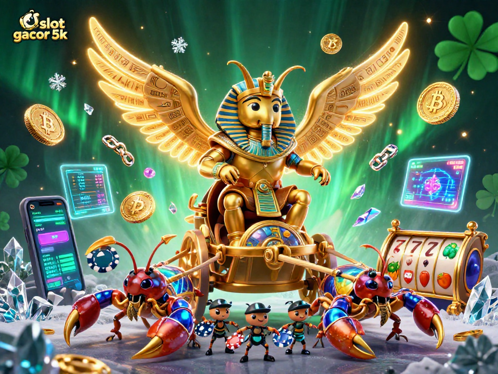 Engage with slot gacor 5k in vibrant 3D illustration of a colossal scarab starring in a casino scene.