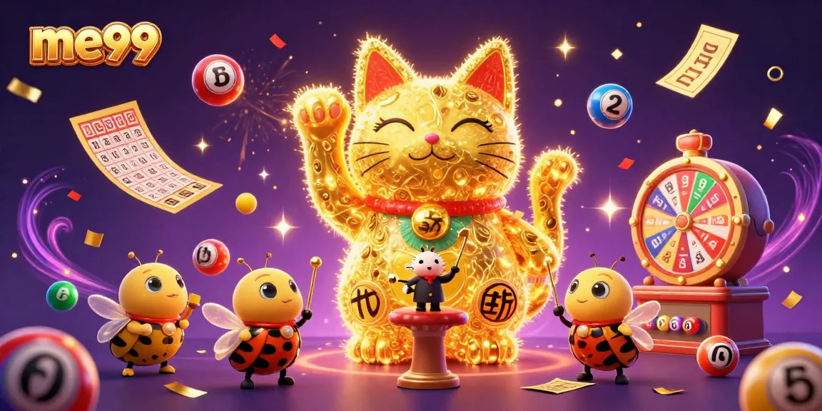 Experience the excitement of me99 with golden fireflies and vibrant casino symbols in a dynamic celebration.