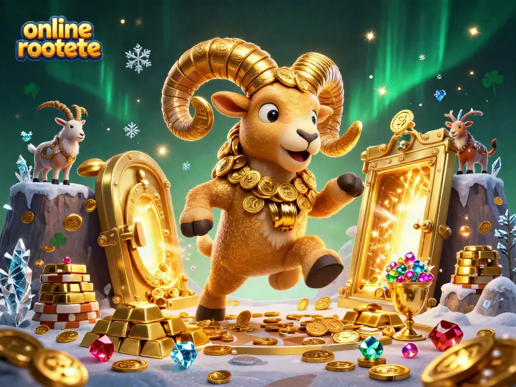 Experience online roulette excitement with a golden ram amidst vibrant casino treasures.
