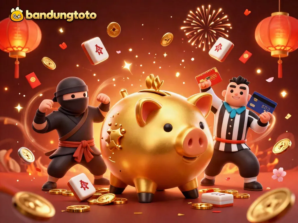 Win big with bandungtoto as a golden piggy bank wrestler stomps for coins, celebrating casino excitement.