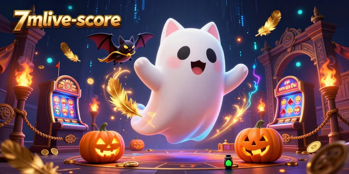 Experience the thrilling world of 7mlive-score with a friendly ghost cat and vampire bat at a haunted casino.