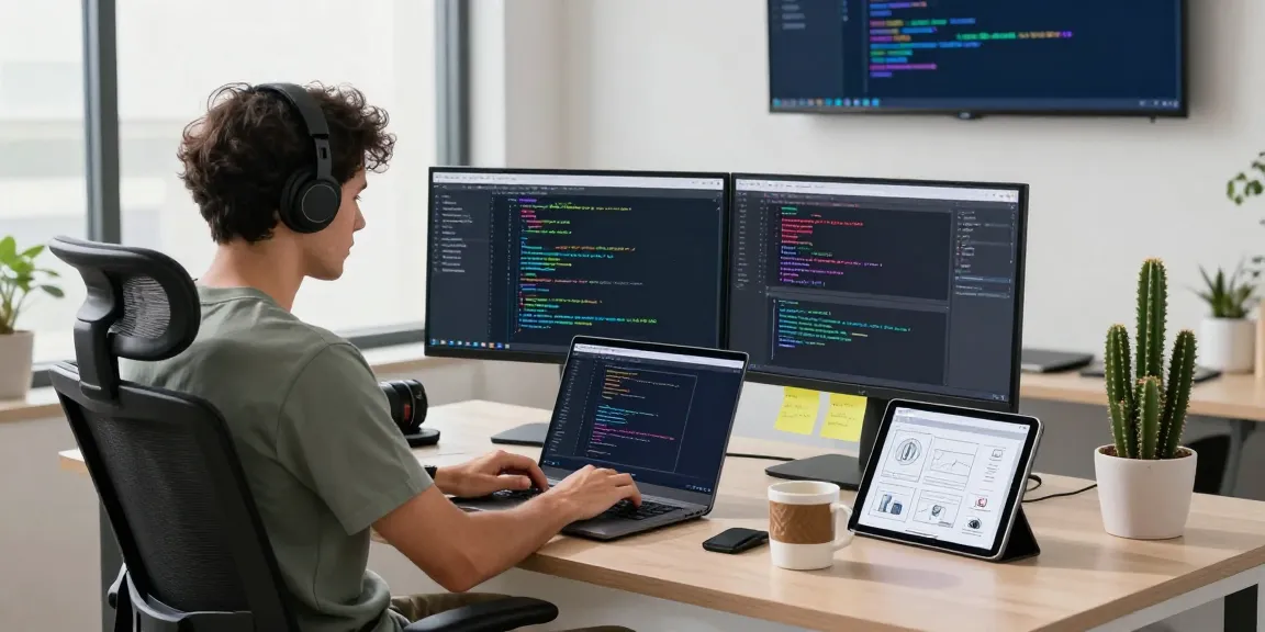 Custom Software Development Services showcased in a modern tech workspace with a focused engineer coding on dual monitors and tablet designs.