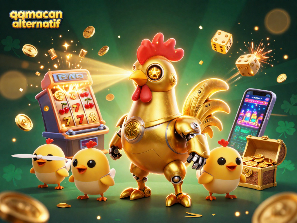 Ignite excitement with qqmacan alternatif as the golden rooster robot leads a jackpot explosion in a vibrant casino illustration
