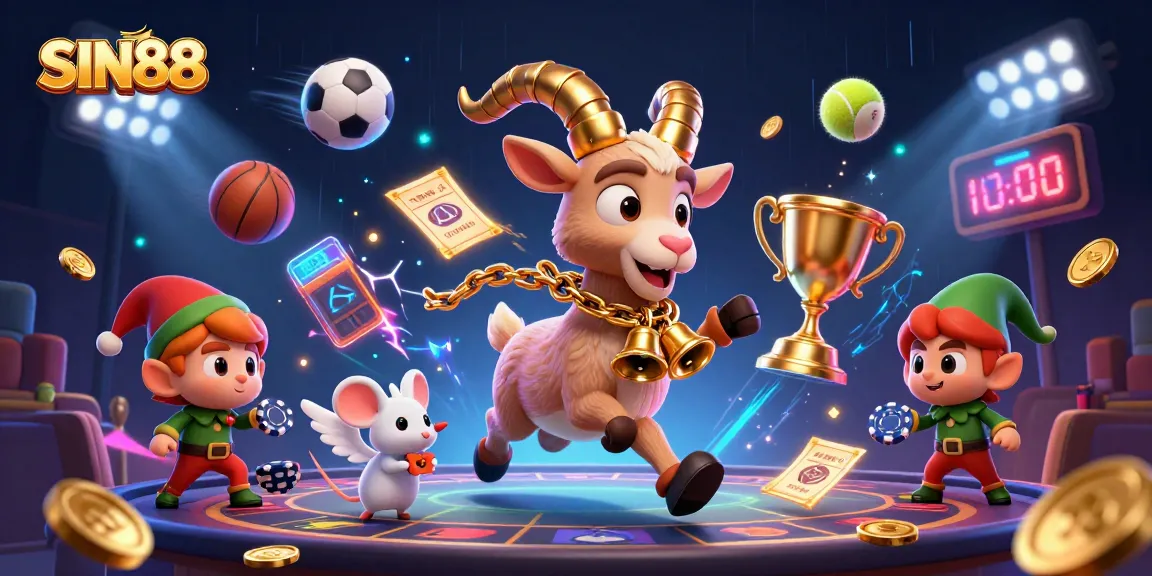 SIN88 casino scene with Krampus goat, angel mouse, and elf gremlins amidst exciting gaming action.