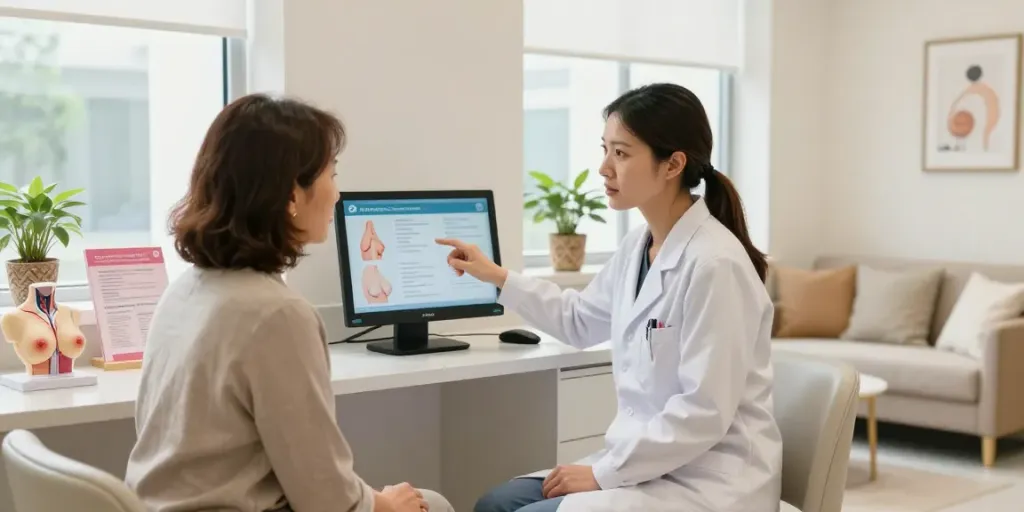 Breast care specialists providing personalized consultation for women considering breast surgery in a warm medical environment.