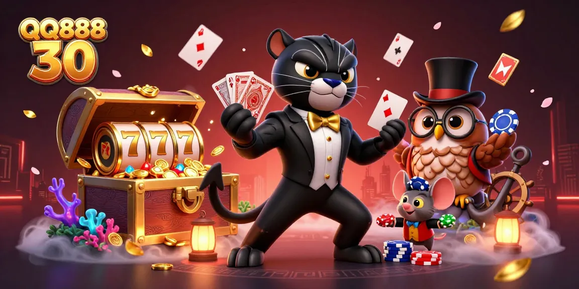 Experience excitement with QQ888 30 as a stylish panther deals cards surrounded by vibrant casino elements.