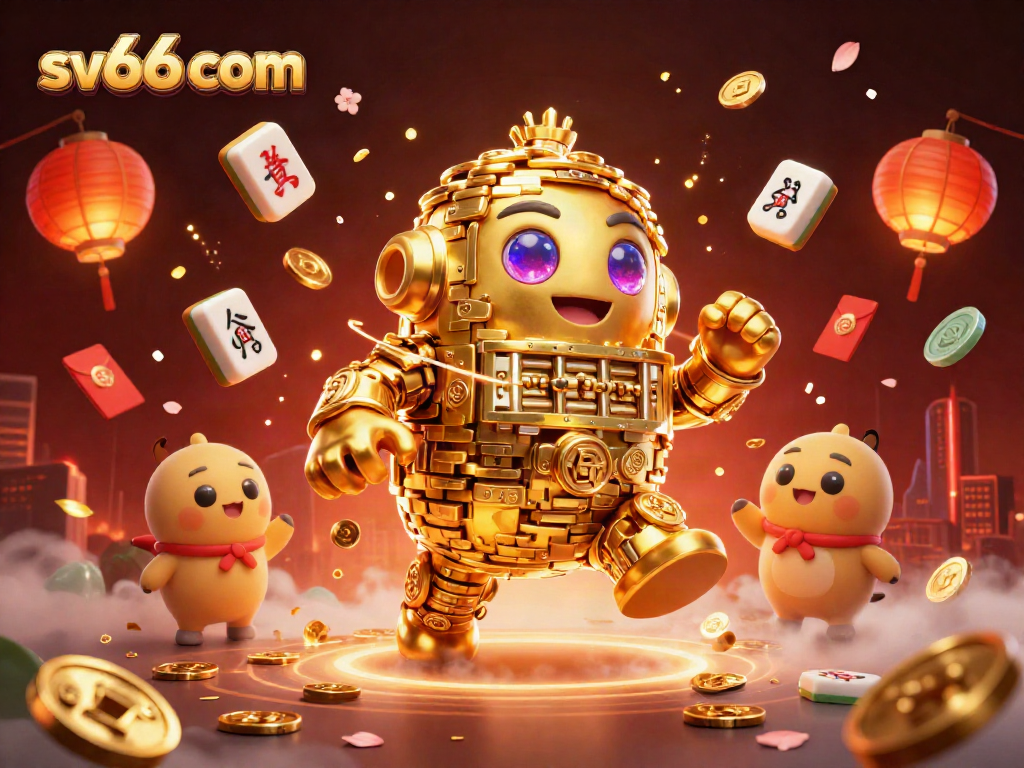 Engage in thrilling games at sv66 com, featuring a captivating golden golem amidst vibrant casino elements.