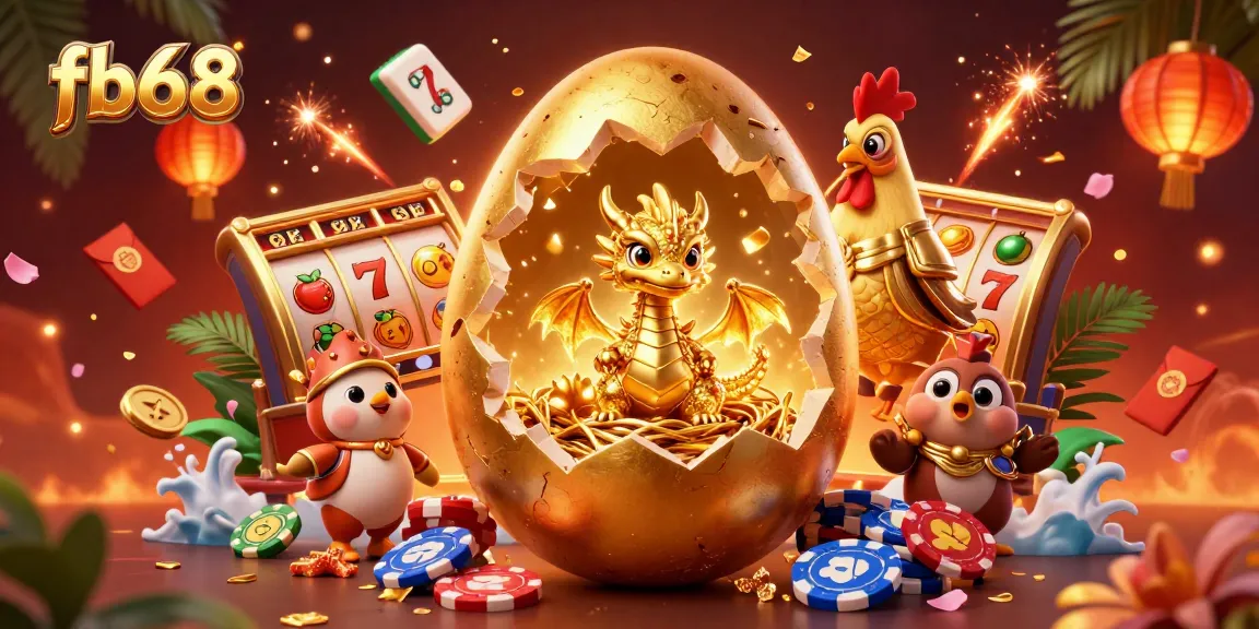Spin the reels at fb68 with a golden baby dragon on poker chips amidst luxurious casino elements.