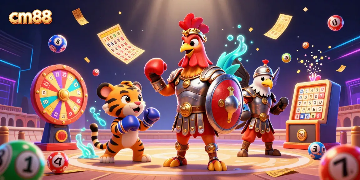 Experience cm88 excitement with a dynamic 3D illustration of a gladiator rooster in a casino setting.