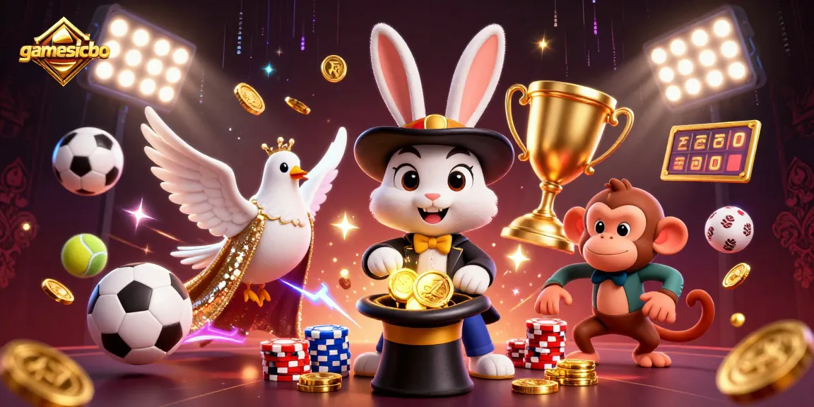 Experience thrilling gamesicbo with a whimsical scene of a magician rabbit, dove, and monkey amidst gold coins and sports balls.