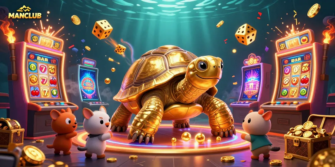 Experience ultimate fun at MANCLUB with a vibrant casino scene featuring a golden tortoise and thrilling game elements.