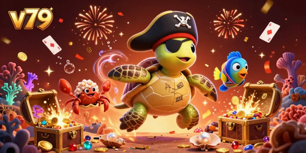 Experience thrilling gameplay at v79 with a pirate turtle guiding you to treasure in an underwater casino.