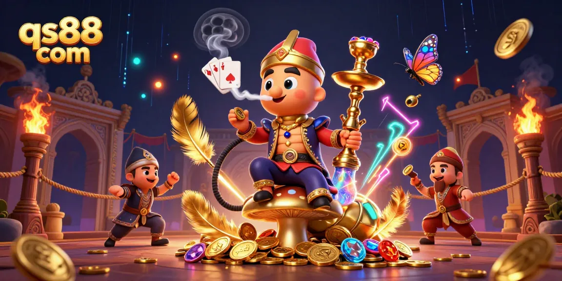 Play poker hand symbols in vibrant qs88 com casino scene with unique characters and rich gold elements.