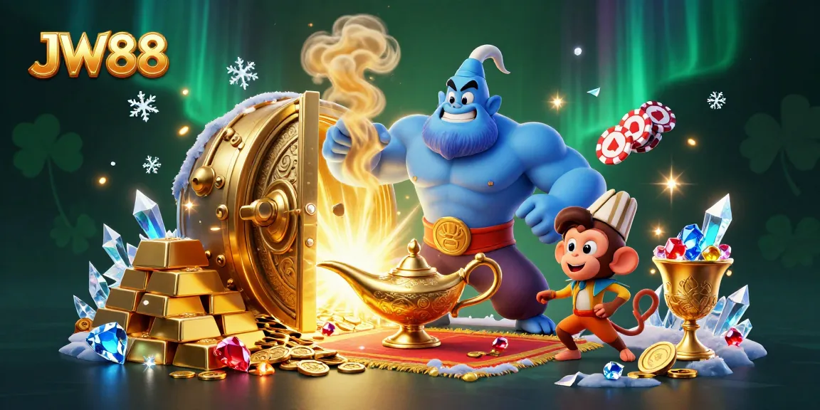 Experience the excitement of JW88's 3D casino magic with a dynamic genie scene full of treasures.