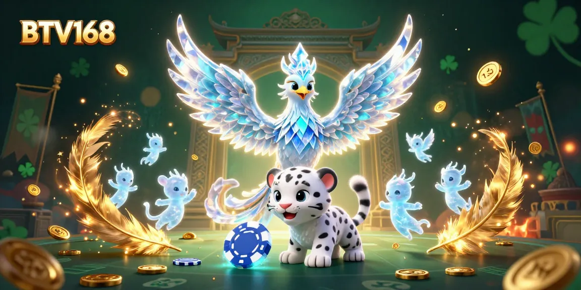 BTV168 showcases a vibrant 3D scene with a majestic ice phoenix and playful snow leopard in a dynamic casino setting.