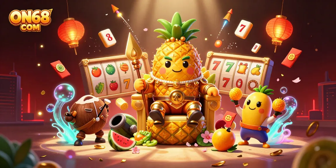 Engage in exciting gaming with ON68 COM featuring a golden pineapple king and dynamic slots elements.