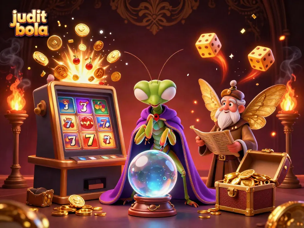 Menggunakan judi bola, karakter ramalan dan simbol mesin slot dalam ilustrasi 3D menarik.