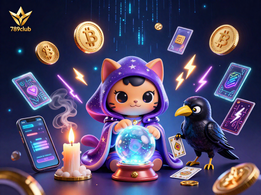 Play games at 789club with a mystical cat and raven amidst cryptocurrency elements.