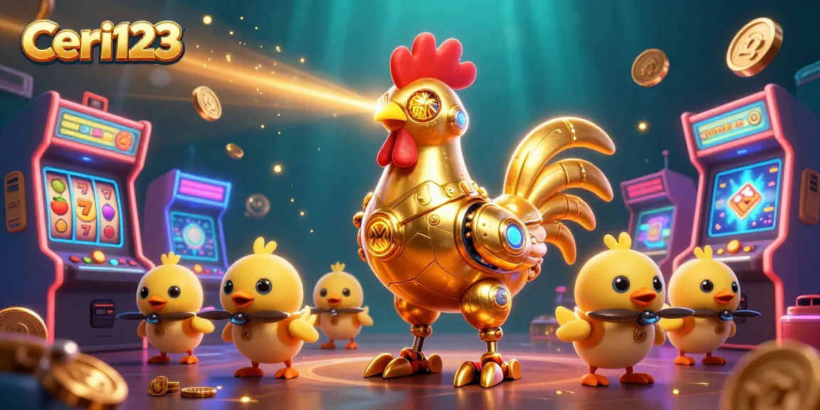 Ceri123's lively depiction with a golden rooster robot under glowing casino ambiance, engaging players in fun.