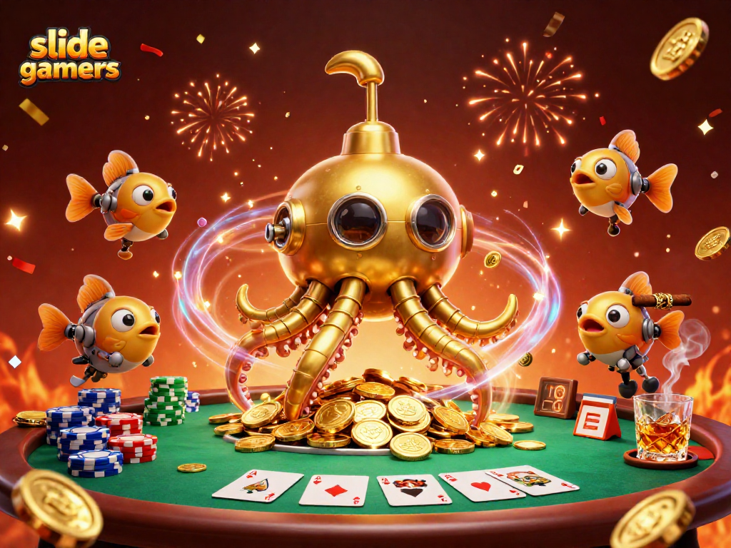 Engage in thrilling gameplay with slidegamers and a golden kraken submarine amidst poker excitement.