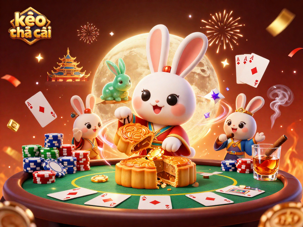 Engage with kèo nhà cái through a festive 3D scene showing a moon rabbit celebrating with poker chips.