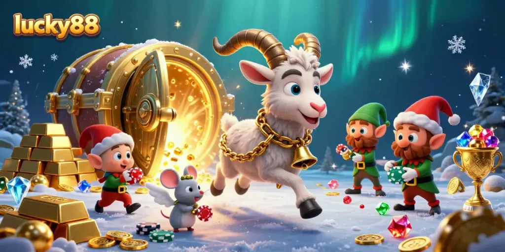 Enjoy thrilling action at lucky88 with Krampus, angel mouse, and naughty elf gremlins in a vibrant casino setting.