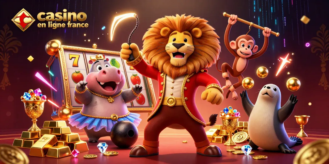 Illustration colorée et dynamique de casino en ligne France avec des personnages de cirque.